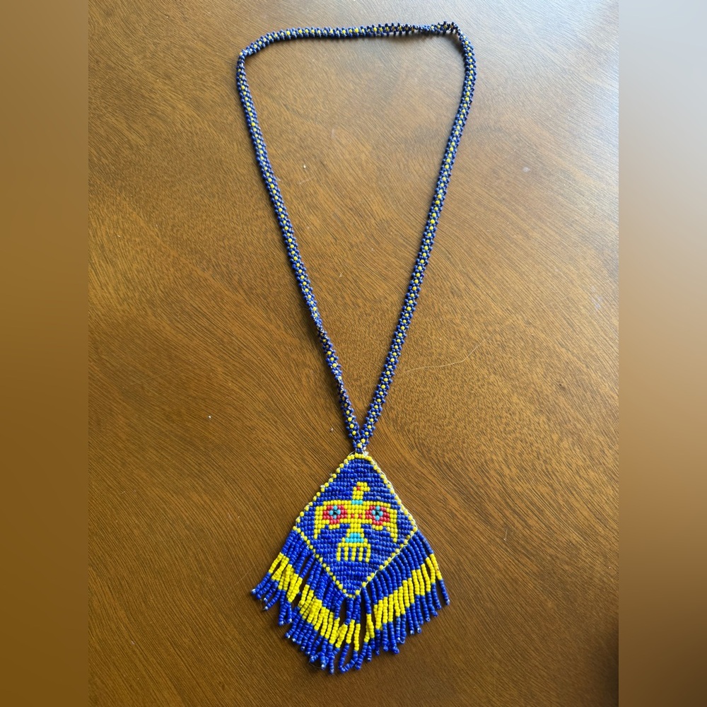 Vintage Native American Beaded Necklace with Blue and Yellow Design
